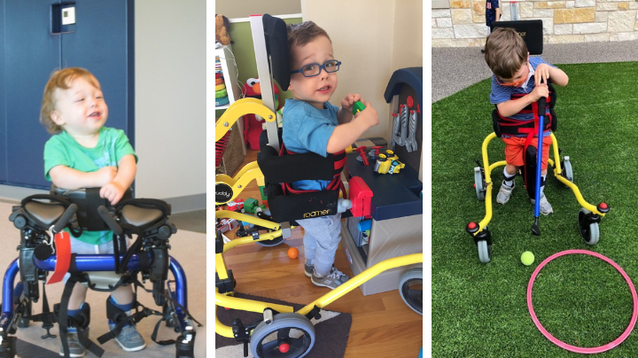 Child with cerebral palsy works on physical therapy in stander and with ankle-foot orthotics